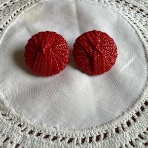 Vintage Elegant Red Woven Raffia Button Earrings